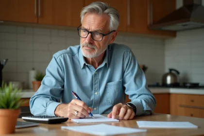 Homme d'âge moyen travaillant sur des calculs dans la cuisine