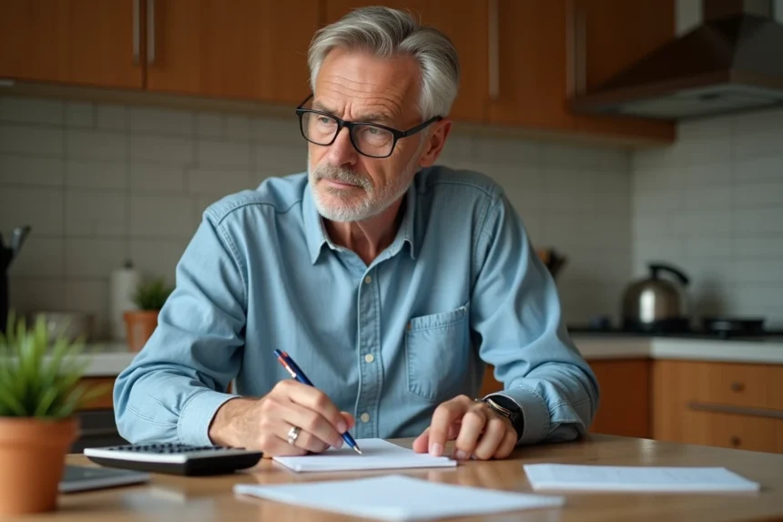 Homme d'âge moyen travaillant sur des calculs dans la cuisine