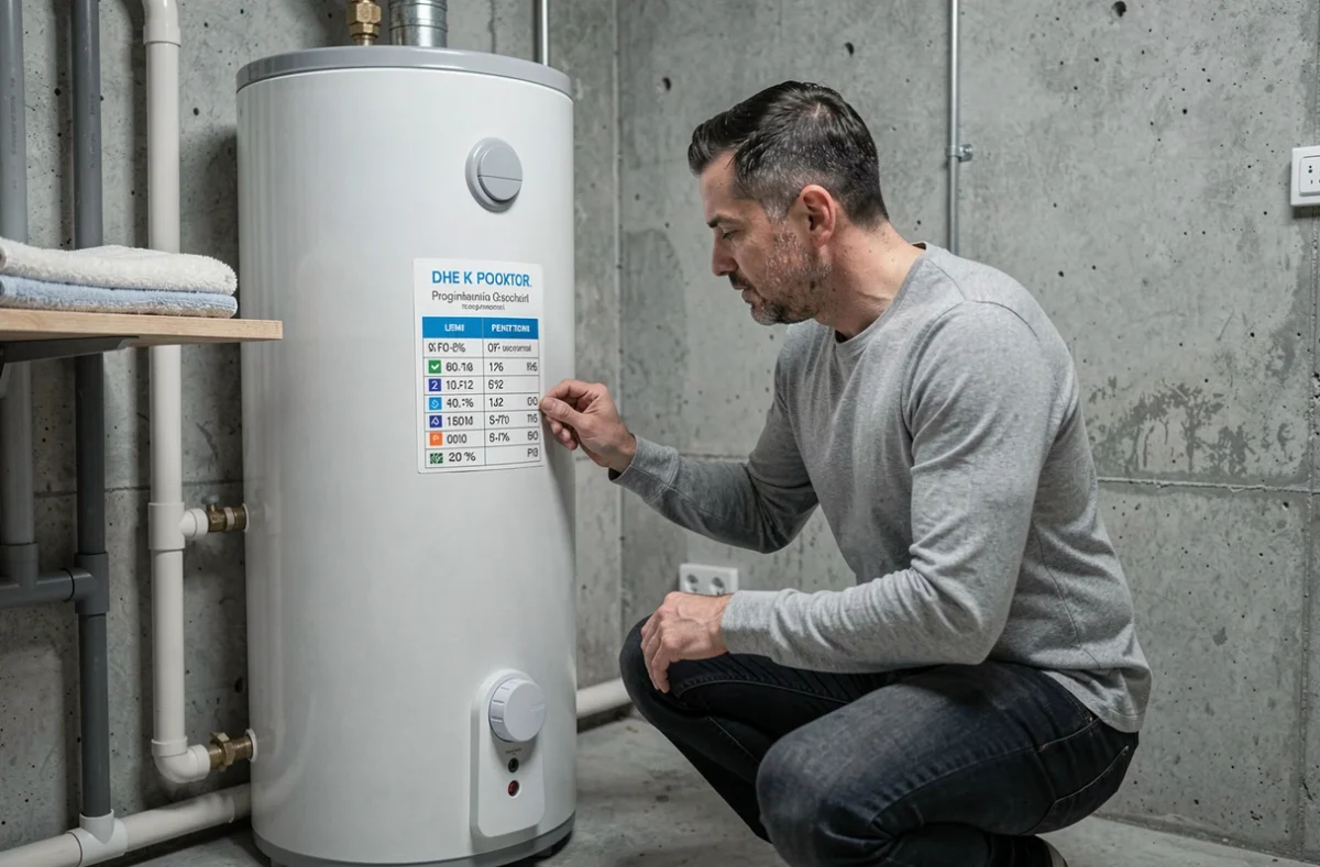 Homme inspectant un chauffe-eau programmable pour réduire la consommation d'eau chaude aux heures creuses
