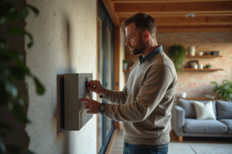 Homme ajustant un chauffage mural écologique dans un salon moderne