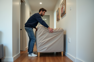 Homme en jeans et sweat bleu déplaçant un canapé dans un appartement