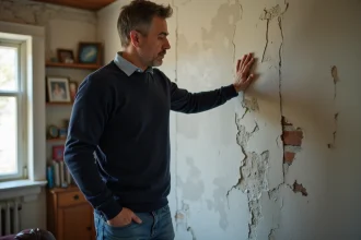 Homme d'âge moyen examine un mur humide dans le salon