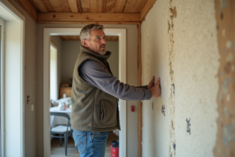 Homme isolant un mur avec laine mineral dans une maison