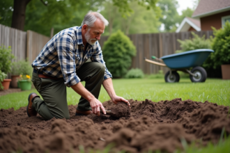 Homme d'âge moyen en pantalon de travail et chemise à carreaux travaillant la terre