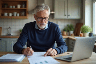 Homme d'âge moyen lisant des documents dans la cuisine