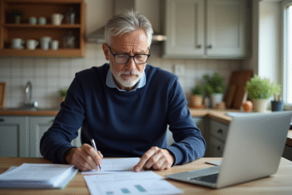 Homme d'âge moyen lisant des documents dans la cuisine