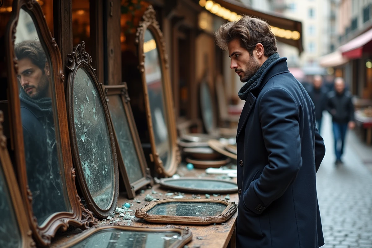 Homme observant miroirs cassés dans un marché en plein air