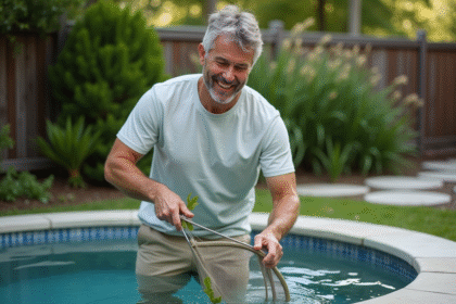 Homme d'âge moyen nettoyant une petite piscine dans le jardin
