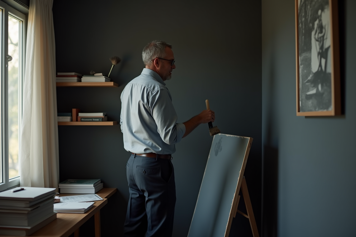 Homme en chemise appliquant de la peinture dans un bureau