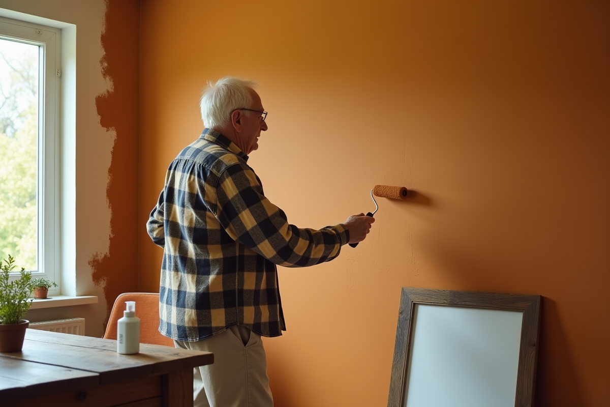 Homme âgé peignant un mur de la salle à manger en ocre