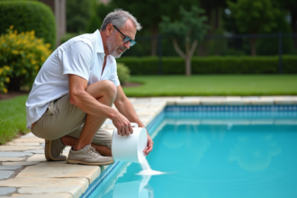 Homme versant du sel dans une piscine extérieure en été