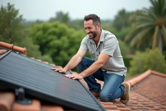 Homme kneeling près d'un chauffe-eau solaire sur le toit