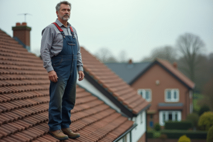 Homme en tenue de sécurité sur un toit résidentiel
