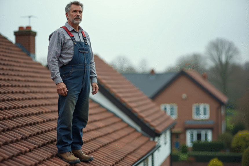 Homme en tenue de sécurité sur un toit résidentiel