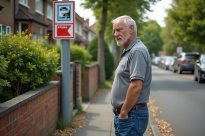Homme regardant une signalisation de stationnement résidentiel