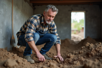 Homme en vêtements de travail examine la terre dans un sous-sol