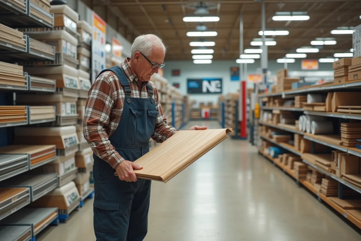 Homme inspectant un échantillon de PVC dans un magasin de bricolage