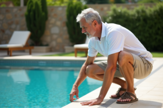 Homme d'âge moyen inspectant une piscine en extérieur