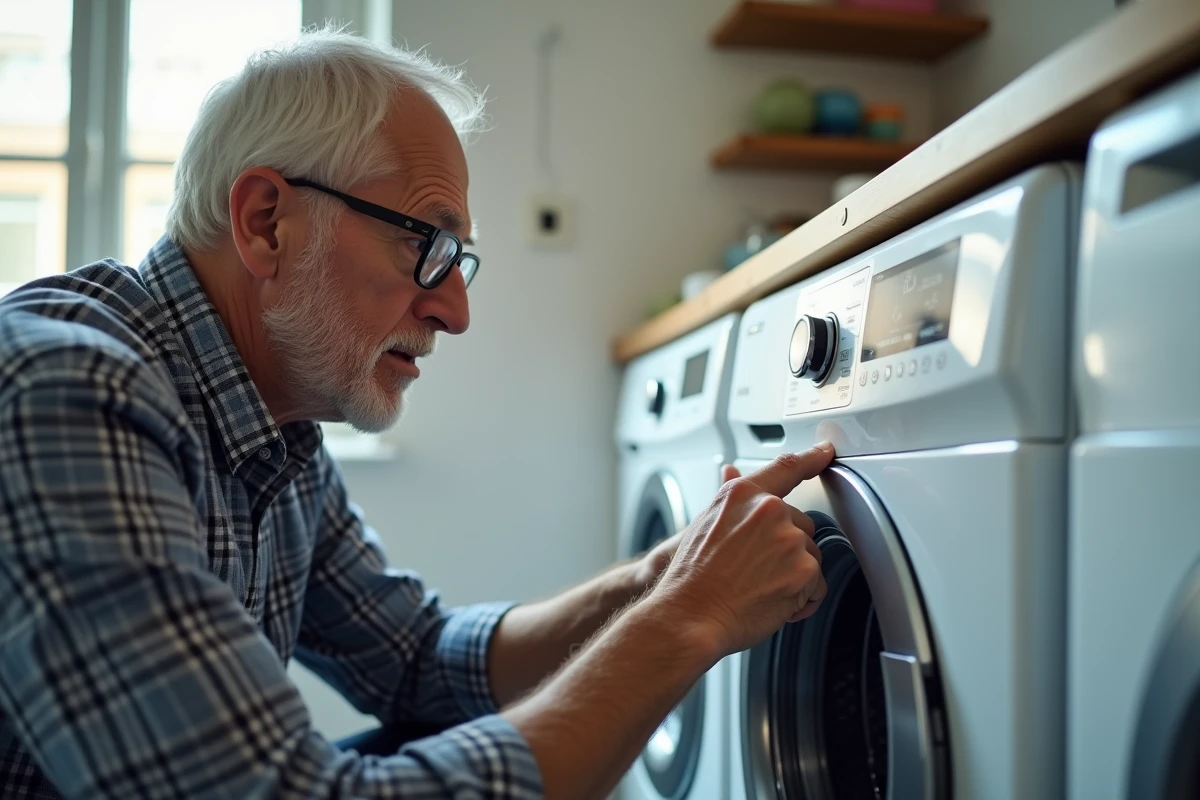 Homme examine le panneau de contrôle de la machine à laver