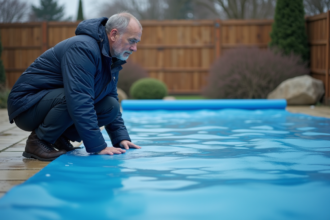 Homme en veste d'hiver examine la couverture de piscine