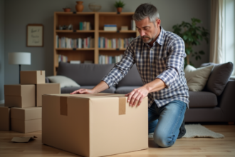 Homme d'âge moyen emballant un carton dans un salon