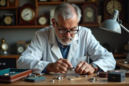 Horloger remplaçant la pile d'une montre en atelier avec une pince de précision