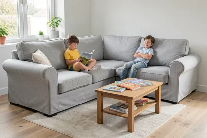 Housse de canapé extensible gris clair sur un canapé en L avec deux enfants assis dans un salon familial chaleureux