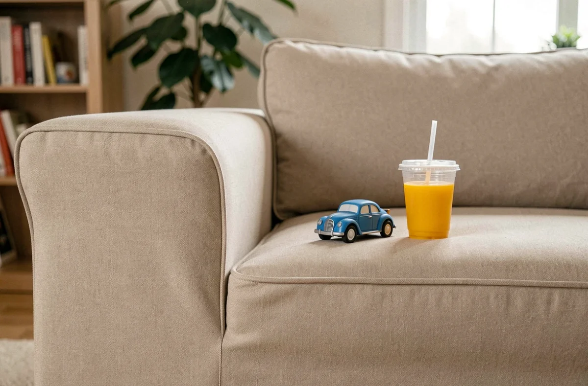 Gros plan sur l'angle d'un canapé en L recouvert d'une housse extensible beige avec jouets d'enfants sur les coussins