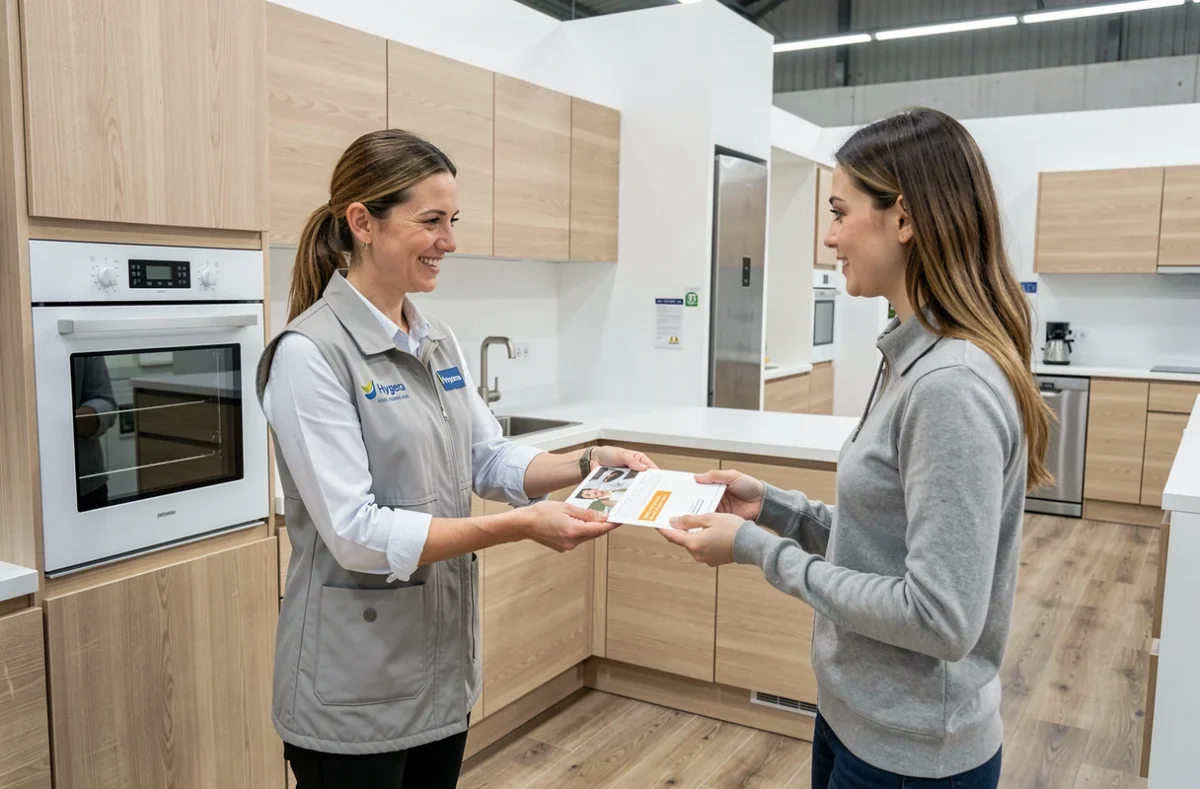 Magasin Hygena à Castres avec une représentante remettant un brochure à une cliente devant une cuisine en bois clair