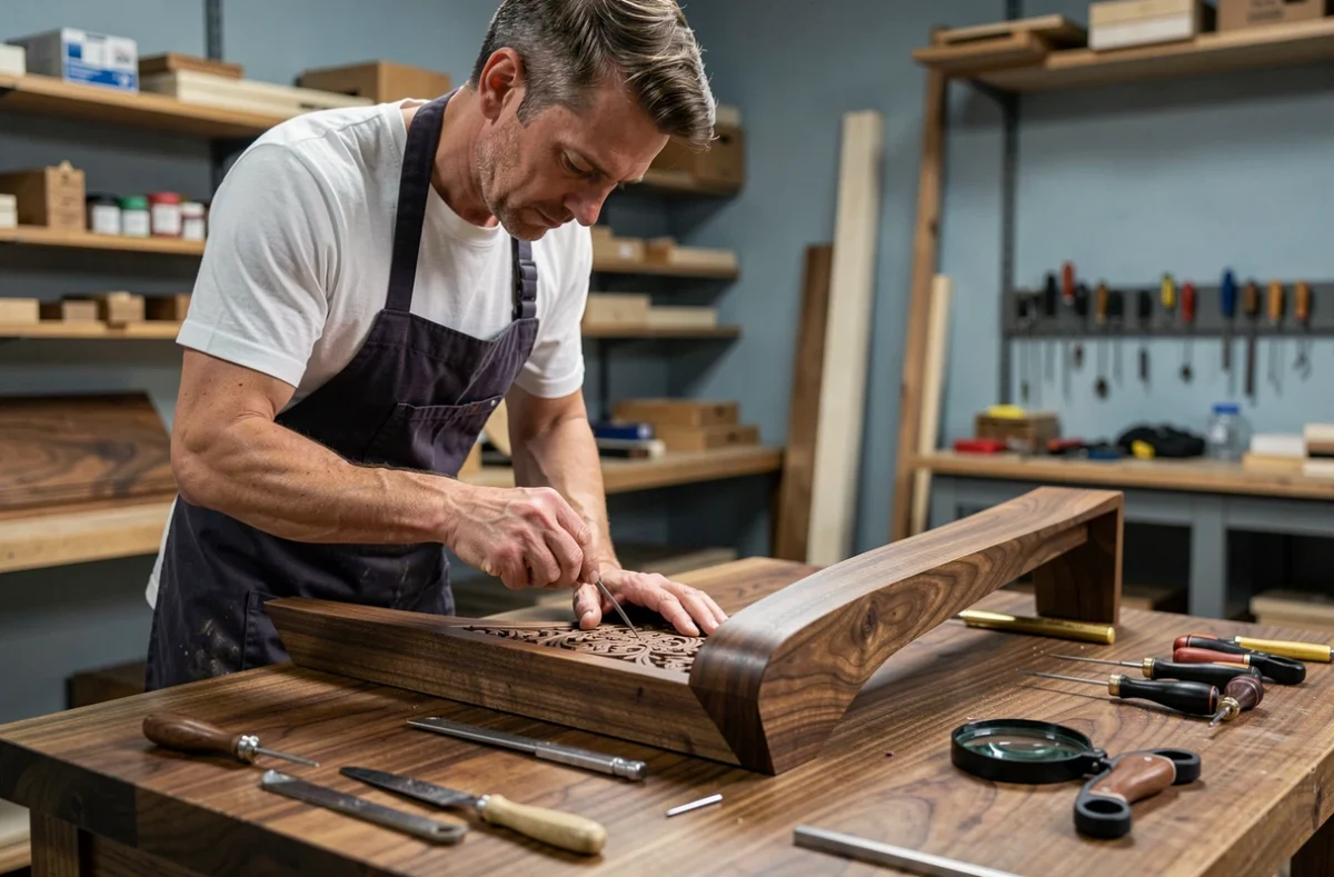 Ébéniste d'In Lignum Menuiserie travaillant un détail d'incrustation sur un meuble en noyer massif