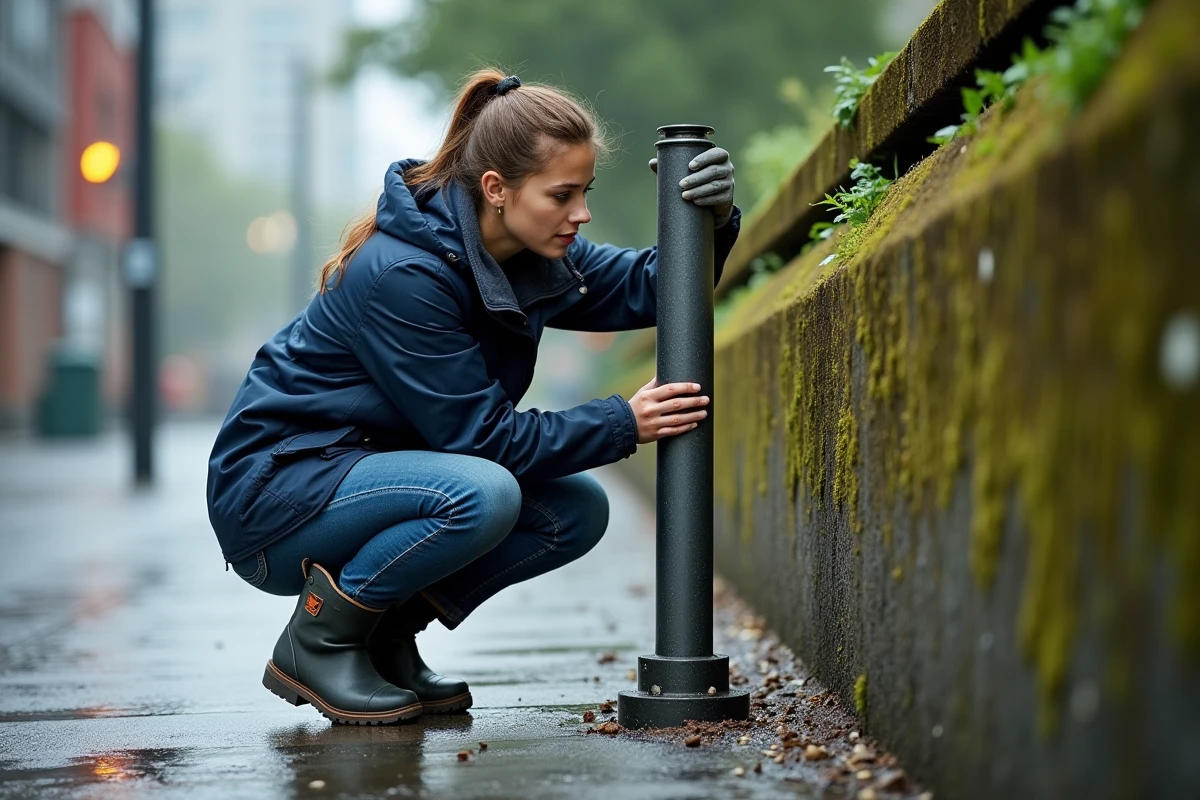 Jeune ingénieure inspectant un ancrage en extérieur humide