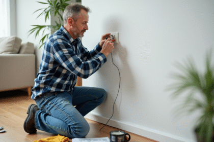 Homme installant une prise électrique dans un salon