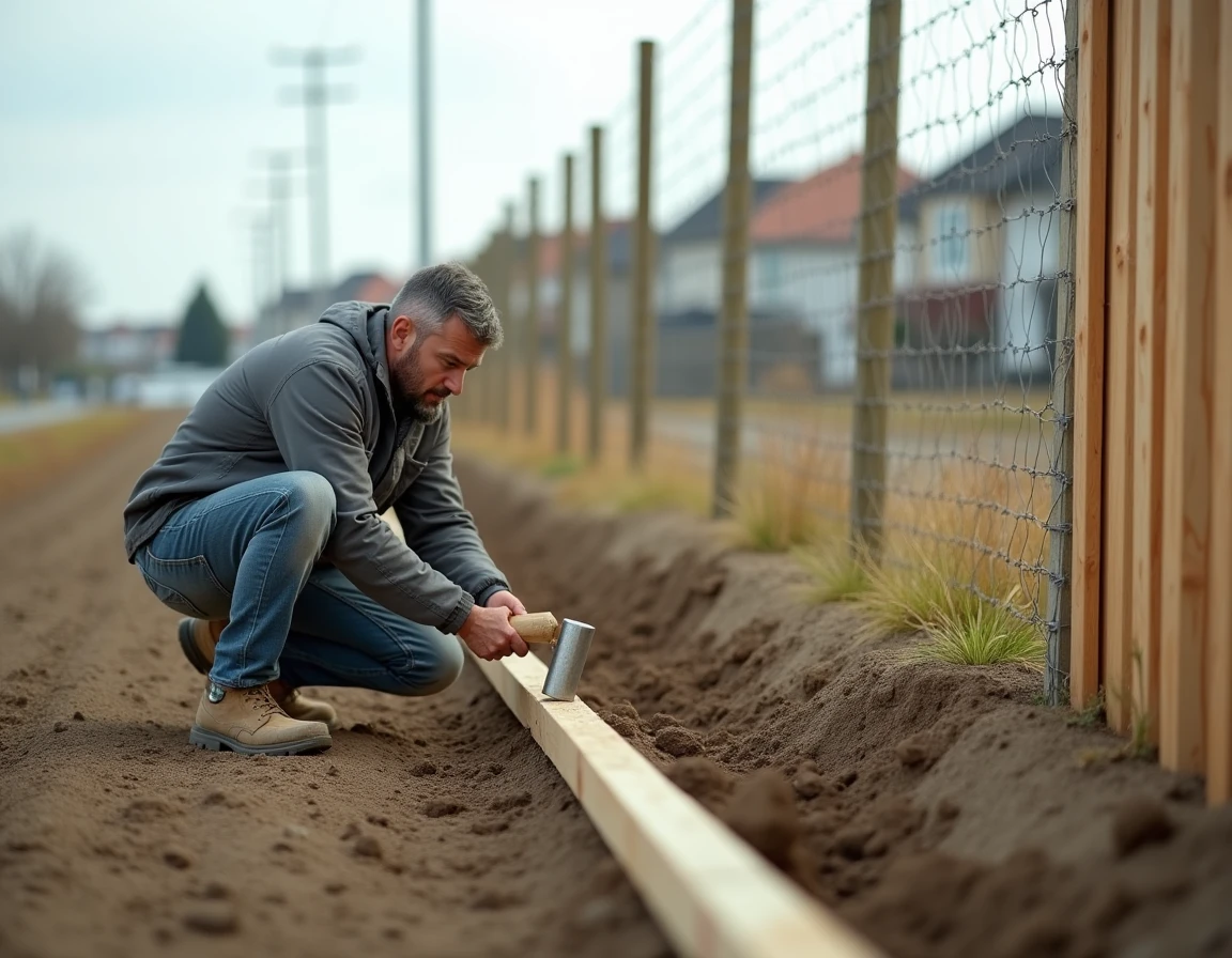 Installation d'une clôture en bois et métal en limite de terrain non bâti avec ouvrier au travail