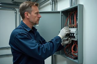 Électricien installant un disjoncteur différentiel de type A dans un tableau électrique moderne