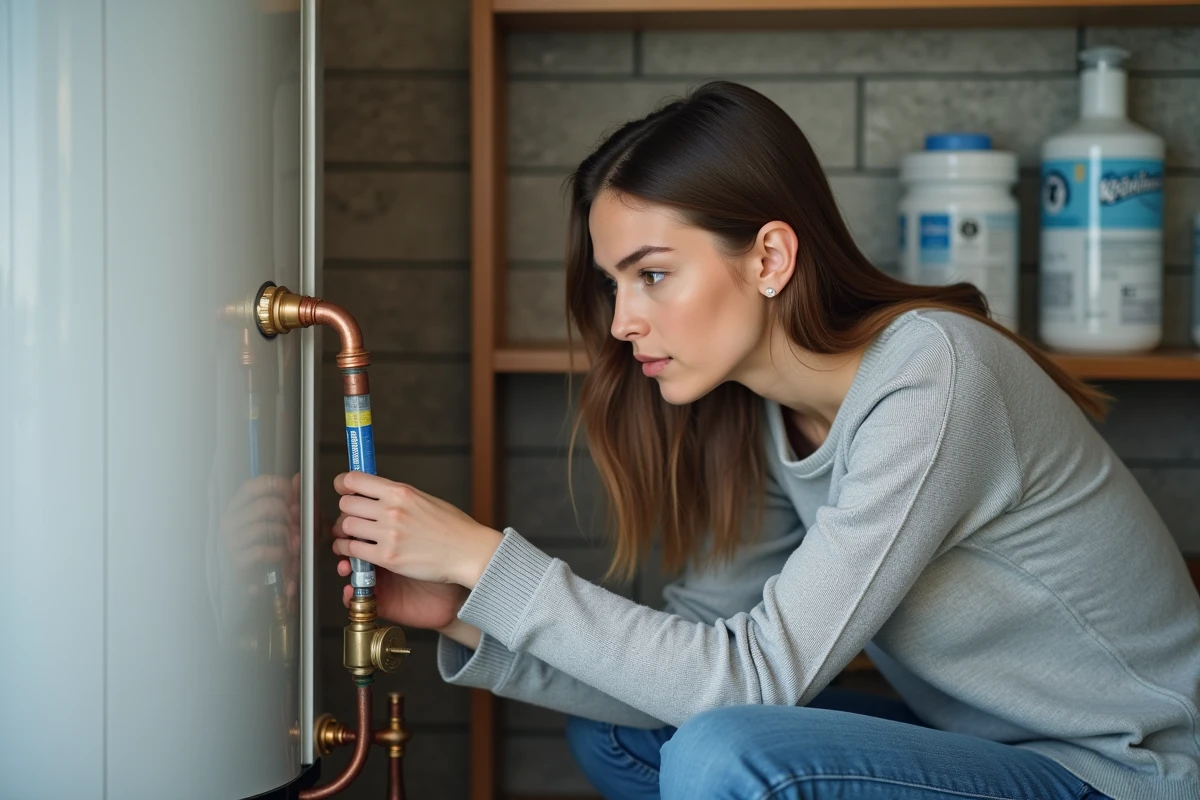 Femme installant un filtre anti-calcaire sur un chauffe-eau