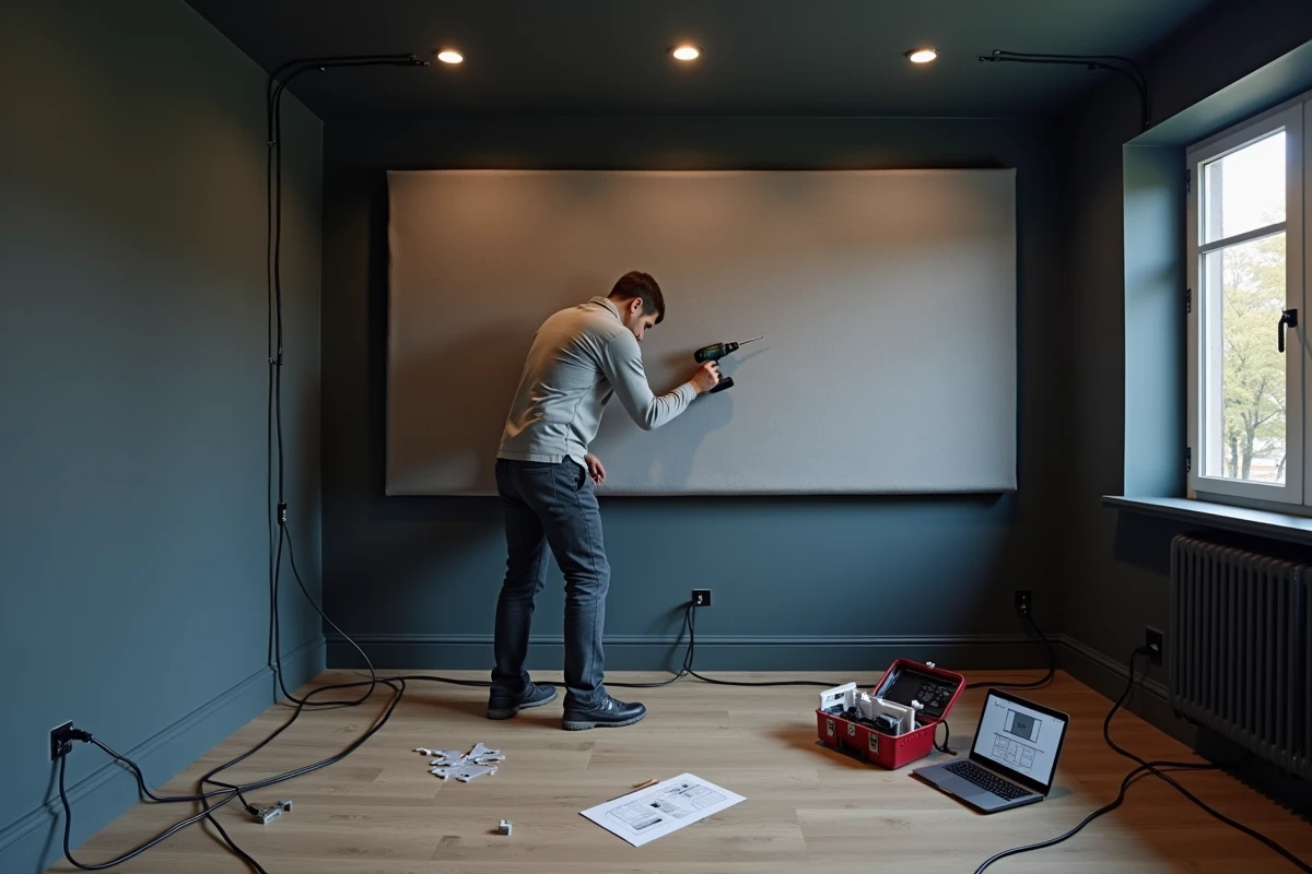 Technicien installant des panneaux acoustiques dans une salle de cinéma maison en cours d'aménagement