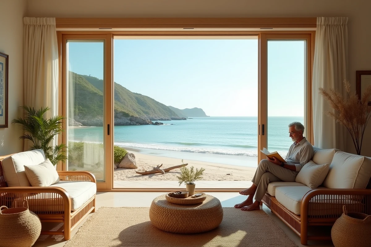 Intérieur de villa côtière avec vue directe sur la plage, mobilier en rotin et homme lisant dans un cadre de vie authentique