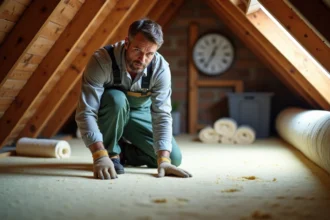 Homme en combinaison pose isolant laine minerale dans un grenier