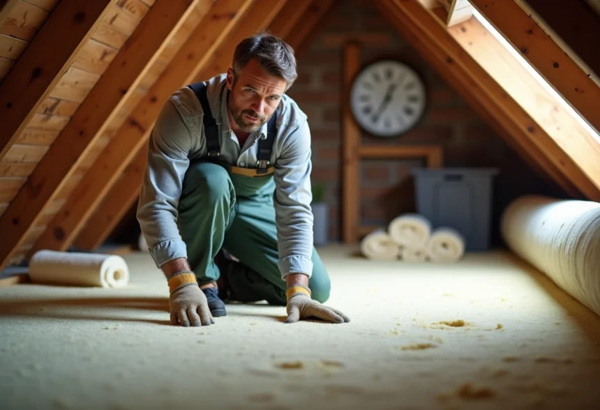 Homme en combinaison pose isolant laine minerale dans un grenier