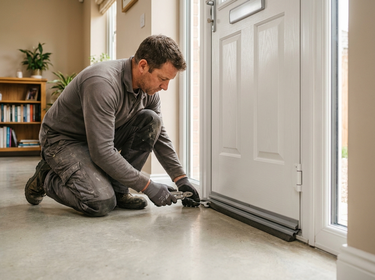 Technicien réglant le joint de seuil d'une porte d'entrée PVC blanche pour optimiser l'isolation thermique et acoustique