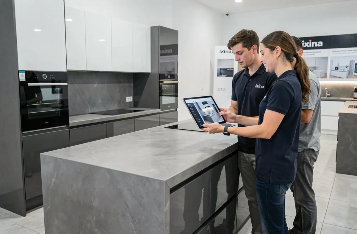 Showroom Ixina à Albi avec une cuisine bicolore anthracite et blanc et un conseiller présentant un rendu 3D sur tablette