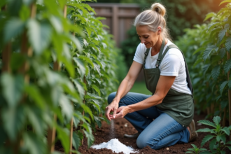 Femme jardinant avec bicarbonate autour de tomates hautes