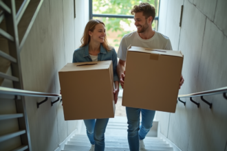 Jeune couple souriant lors d'un déménagement dans un appartement moderne