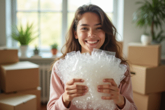 Jeune femme souriante tenant des bulles de protection dans un salon lumineux