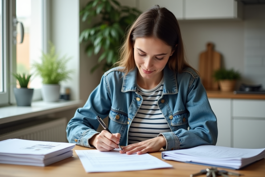 Jeune femme remplissant une checklist de location dans un appartement moderne