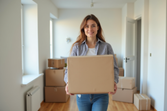 Jeune femme souriante avec boîte de déménagement dans un couloir