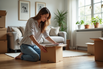 Jeune femme emballant des livres dans une boîte en carton