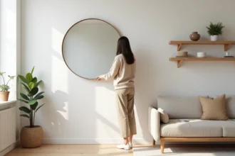 Jeune femme arrangeant un miroir dans un salon scandinave