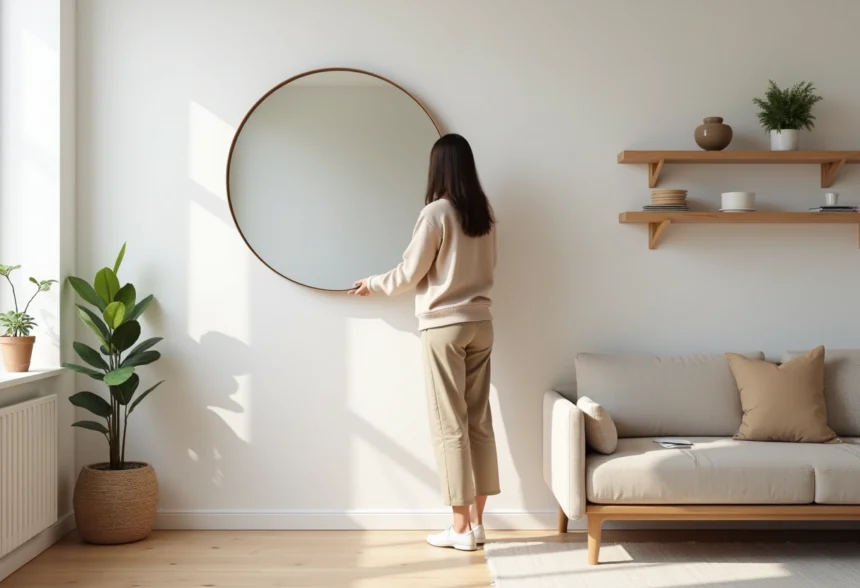 Jeune femme arrangeant un miroir dans un salon scandinave