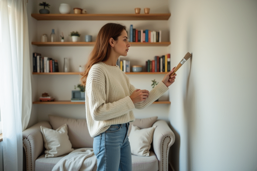 Jeune femme en jeans peignant un salon lumineux